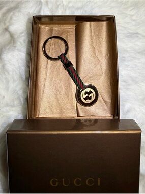 Gucci Gold Tone Logo Keyring with Green and Red Web Strap